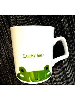Frog Coffee Mug Cup ‘Lucky Me’ Green & White Web Paw Prints - New